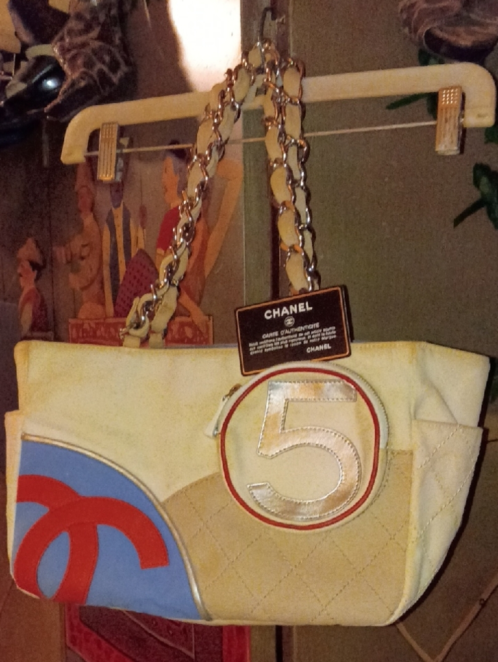 CHANEL 5 Cream Canvas Quilted Like Tote with Blue and Red Accents